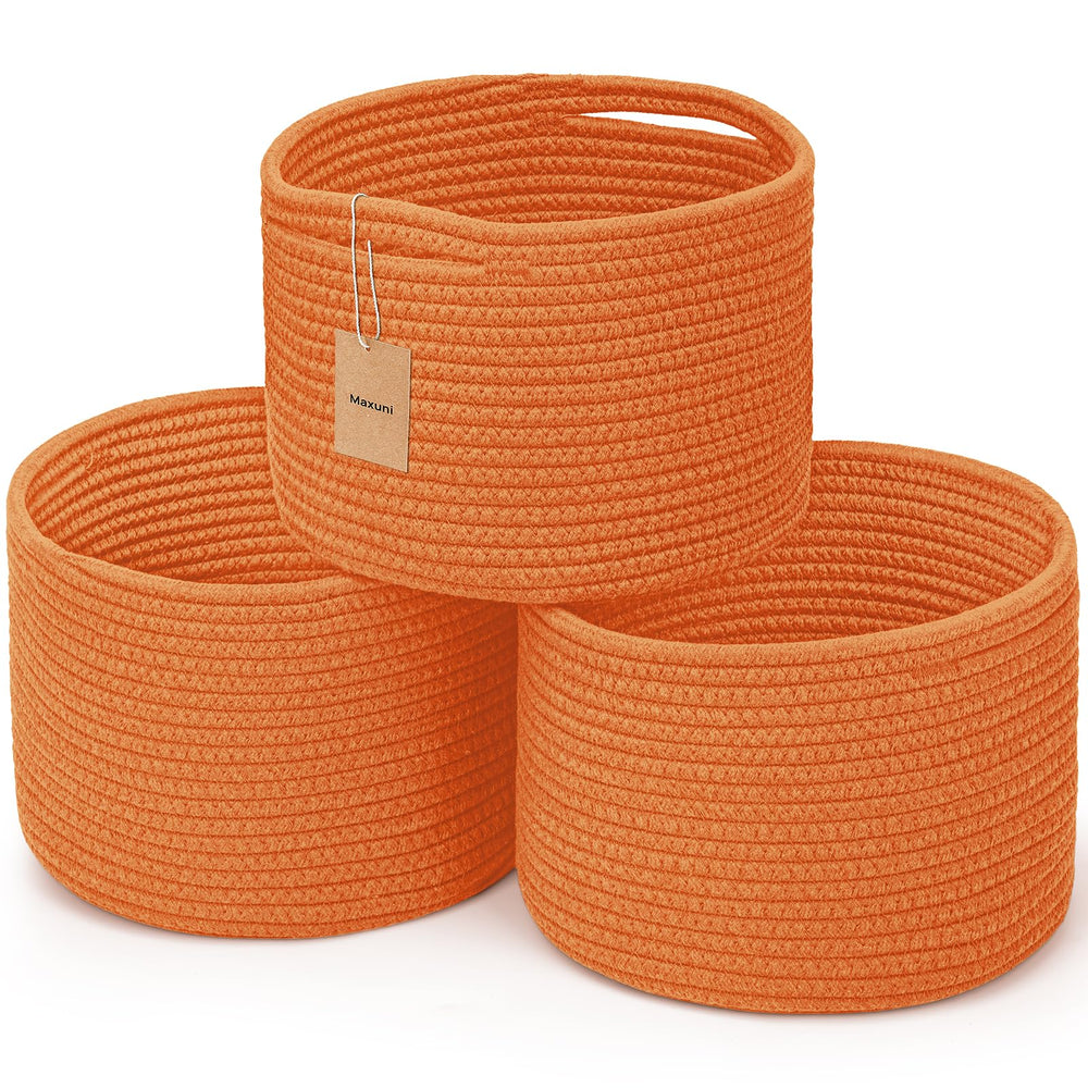 Maxuni small rope baskets orange pack shot shows 3-pack storage solution for home organization.