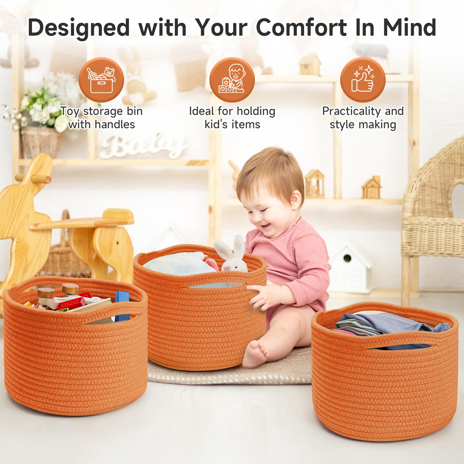 Maxuni small rope baskets orange side view demonstrates sturdy shape and natural texture.