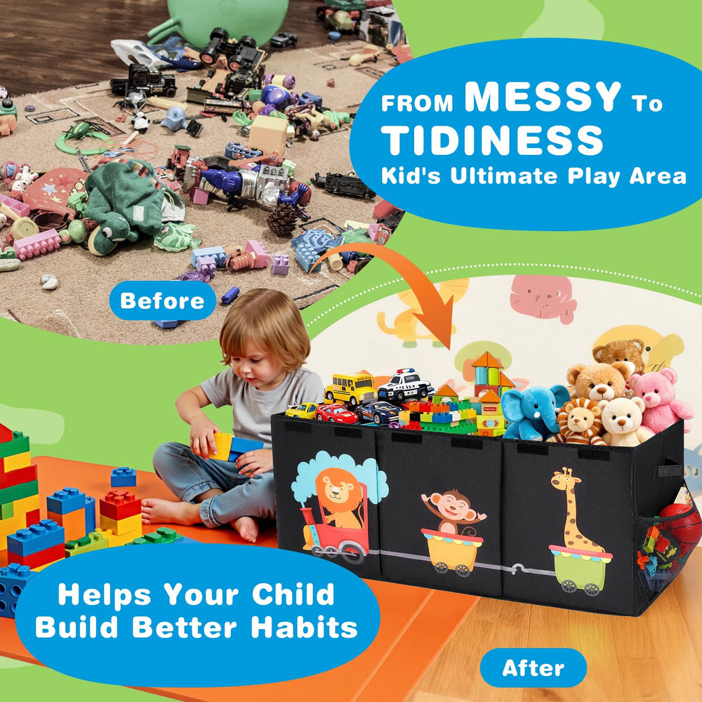Maxuni XL Toy Box collapsed for compact storage saves closet space.
