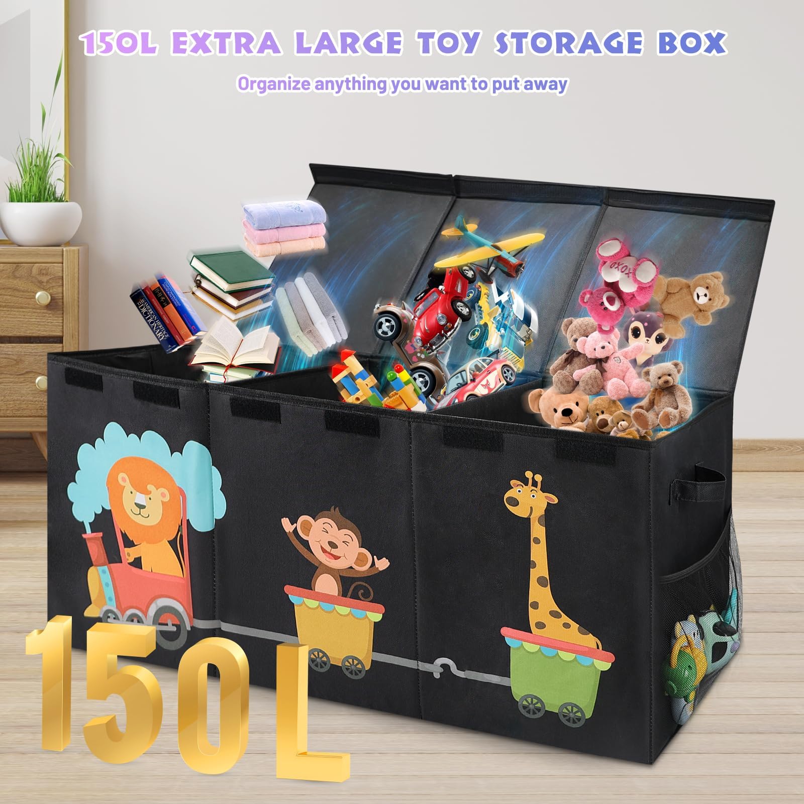 Maxuni XL Toy Box lid with hook-and-loop tabs protects fingers and hides clutter.