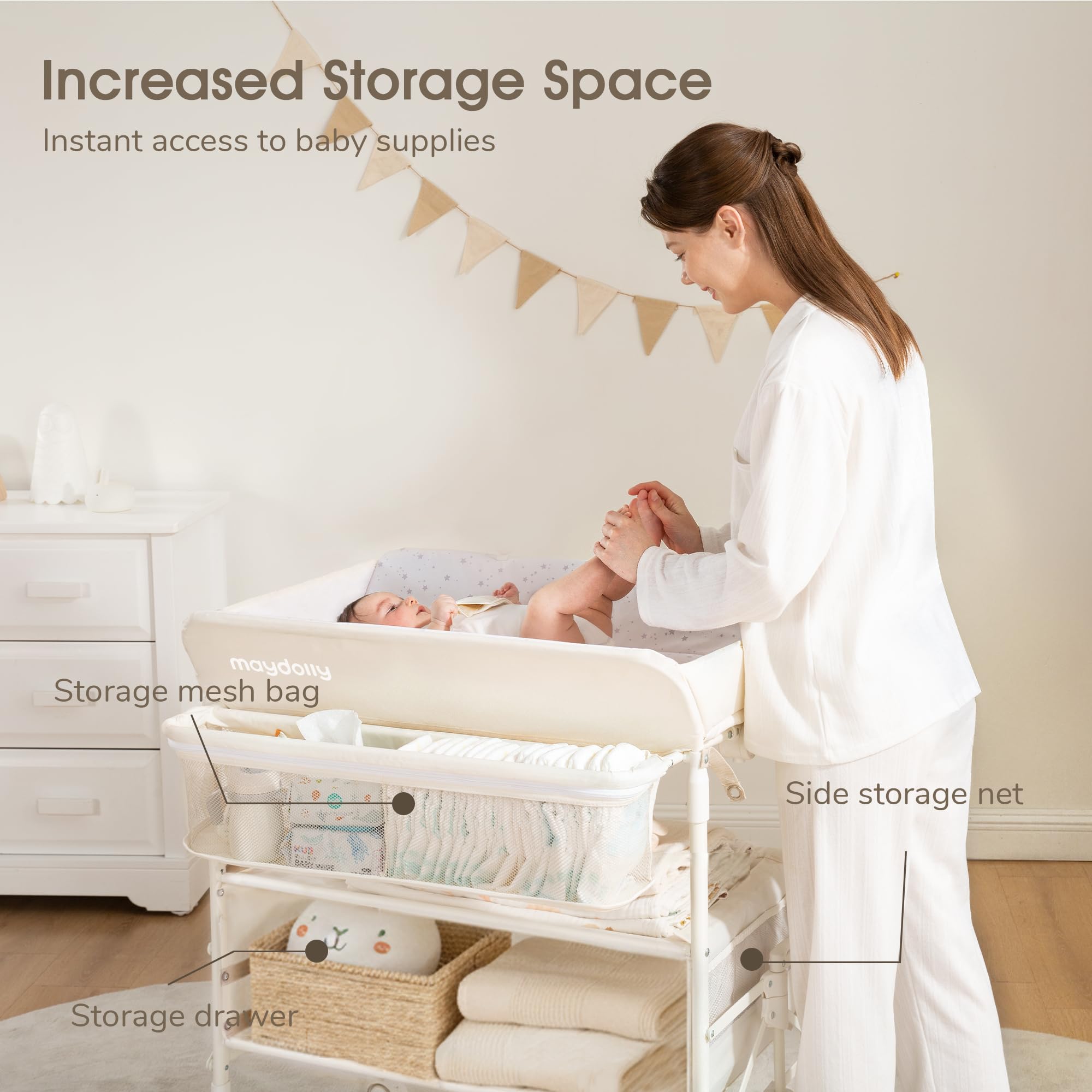 Maydolly adjustable-height changer fits caregivers of different heights comfortably.