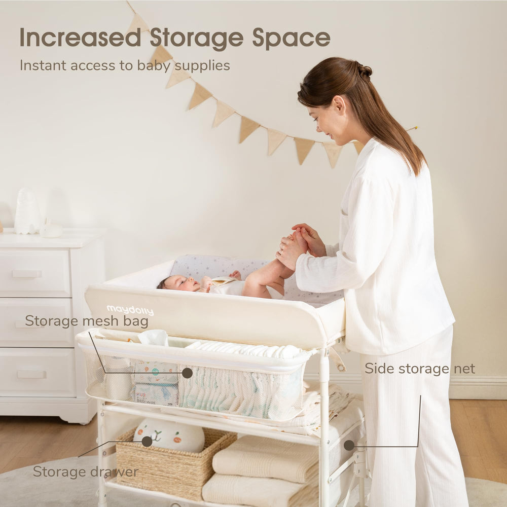 Maydolly adjustable-height changer fits caregivers of different heights comfortably.