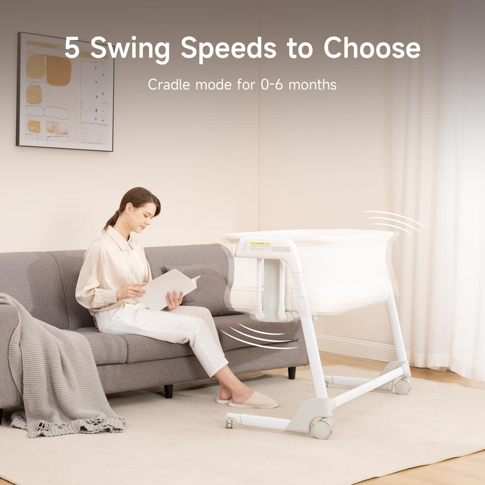 Maydolly bassinet height adjustment shown aligning with bed height
