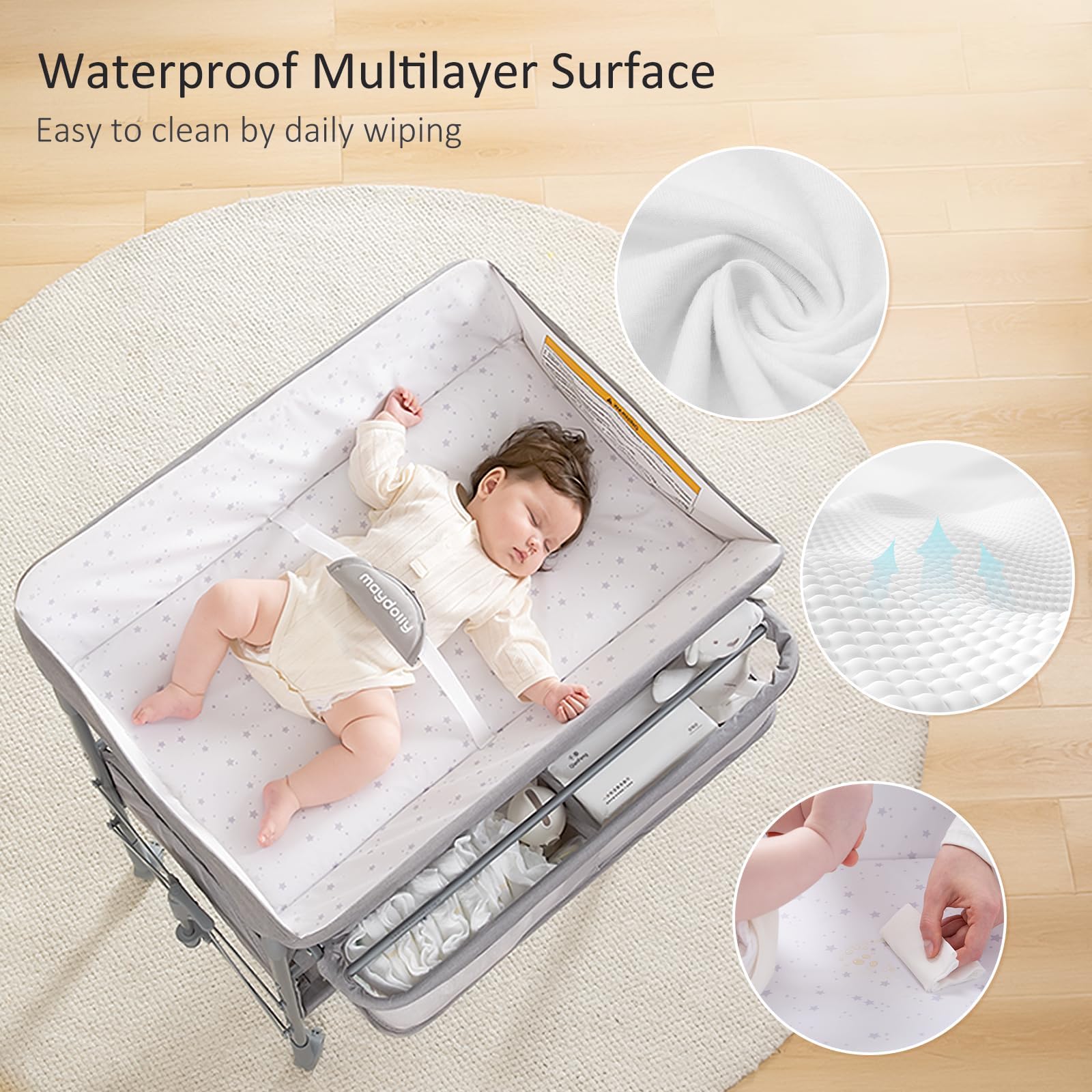 Maydolly table with 360° casters for smooth room-to-room mobility.
