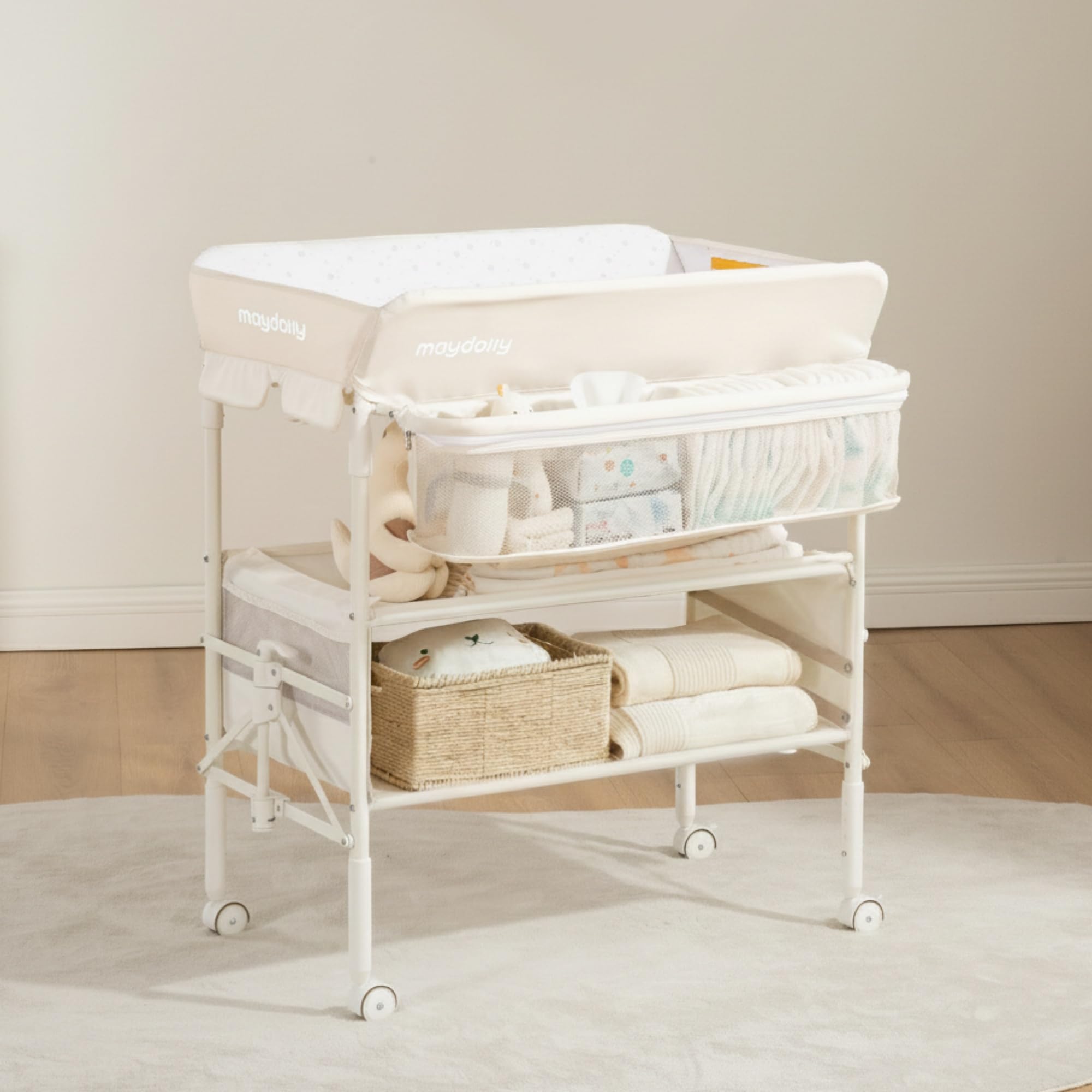 Maydolly baby changing table folded compact for travel and small spaces.