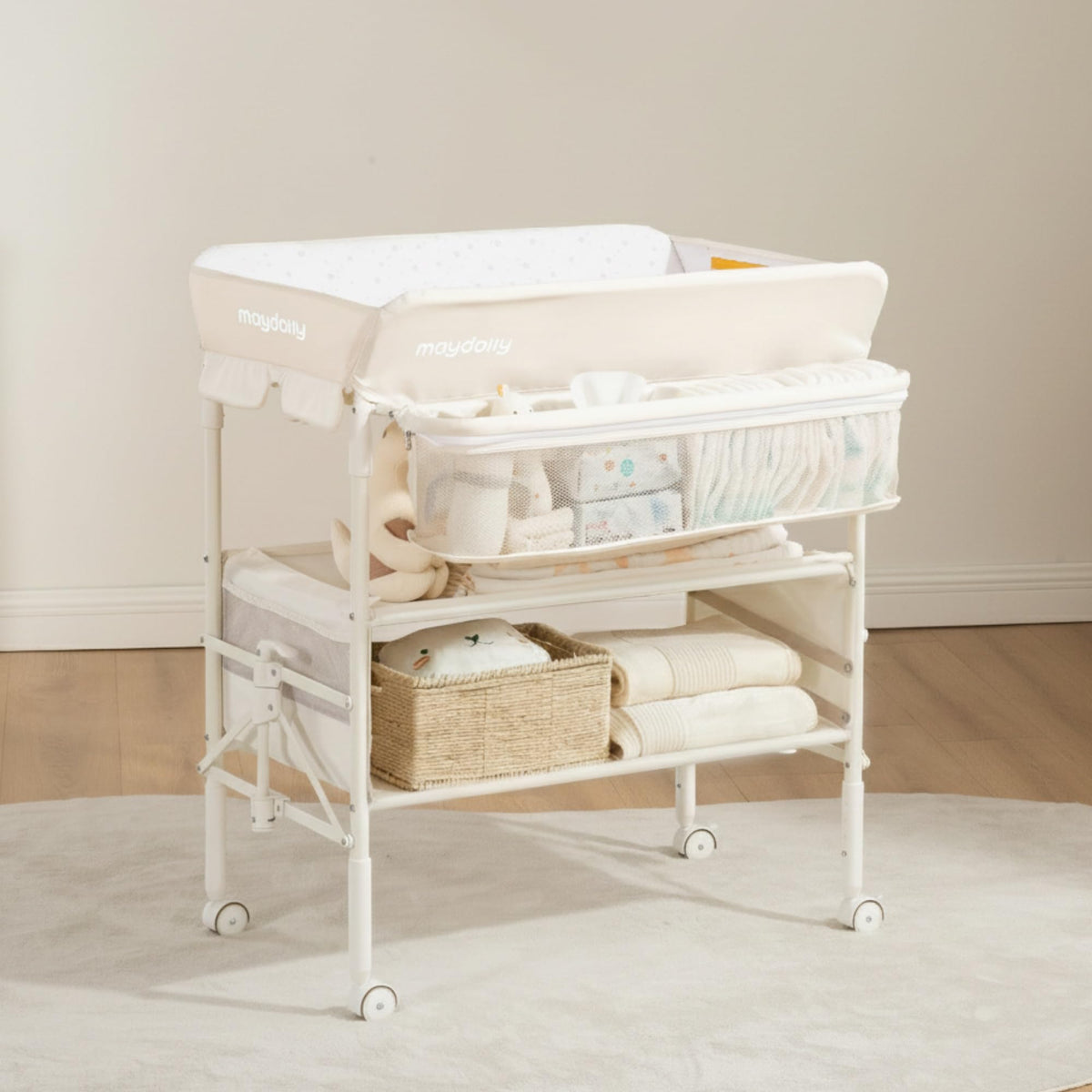 Maydolly baby changing table folded compact for travel and small spaces.