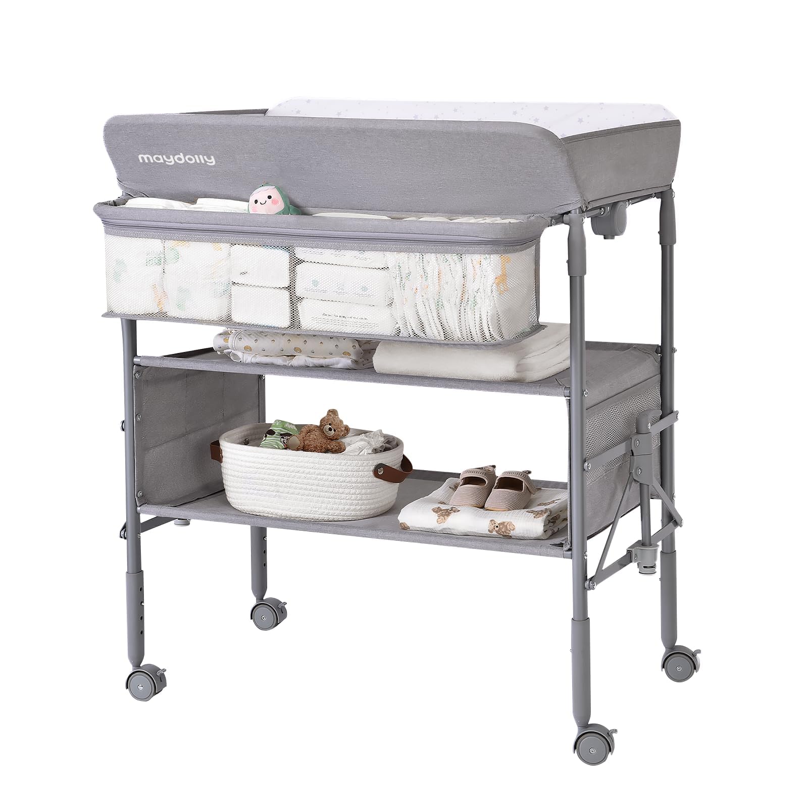 Maydolly baby-changing-table-folded-compact shows easy storage.