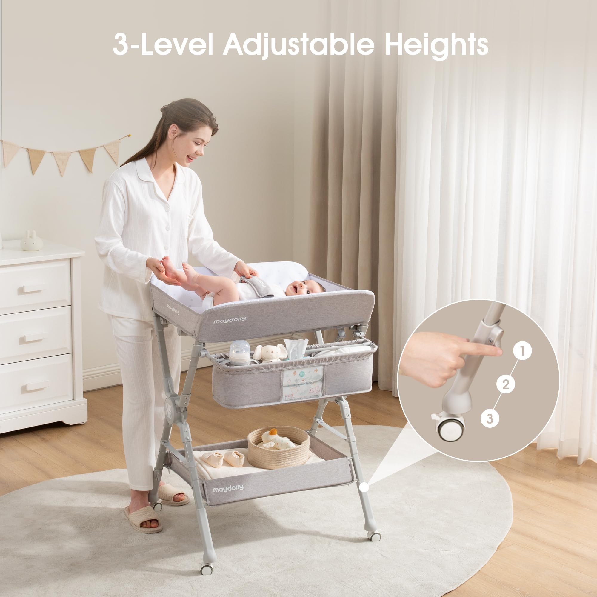 Maydolly changing table gray on wheels with safety locks