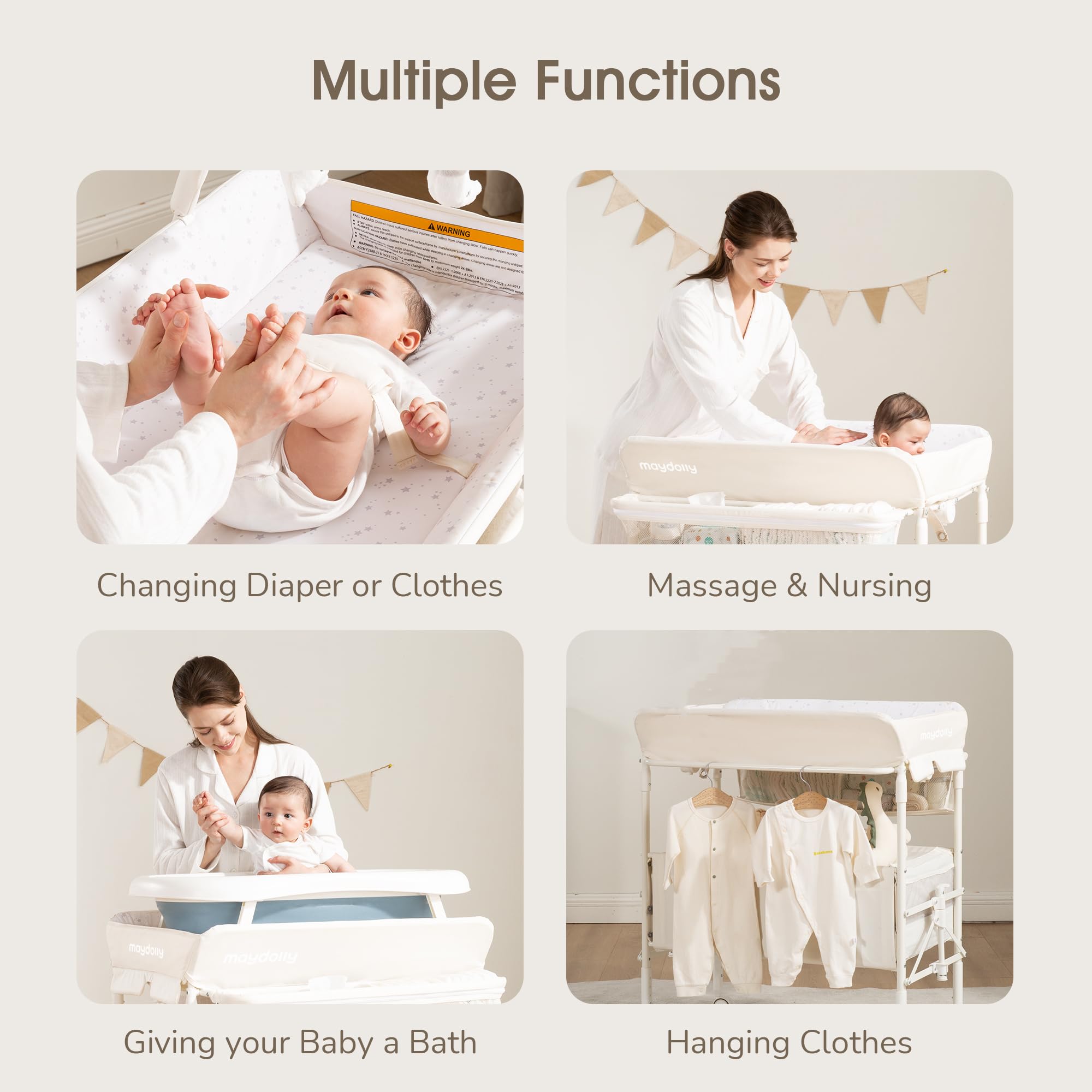 Maydolly changing table storage pockets and shelves keep diapers and wipes within reach.
