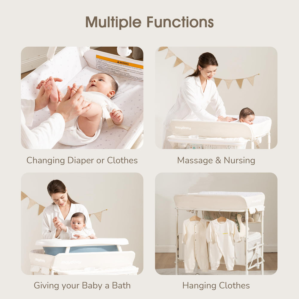 Maydolly changing table storage pockets and shelves keep diapers and wipes within reach.
