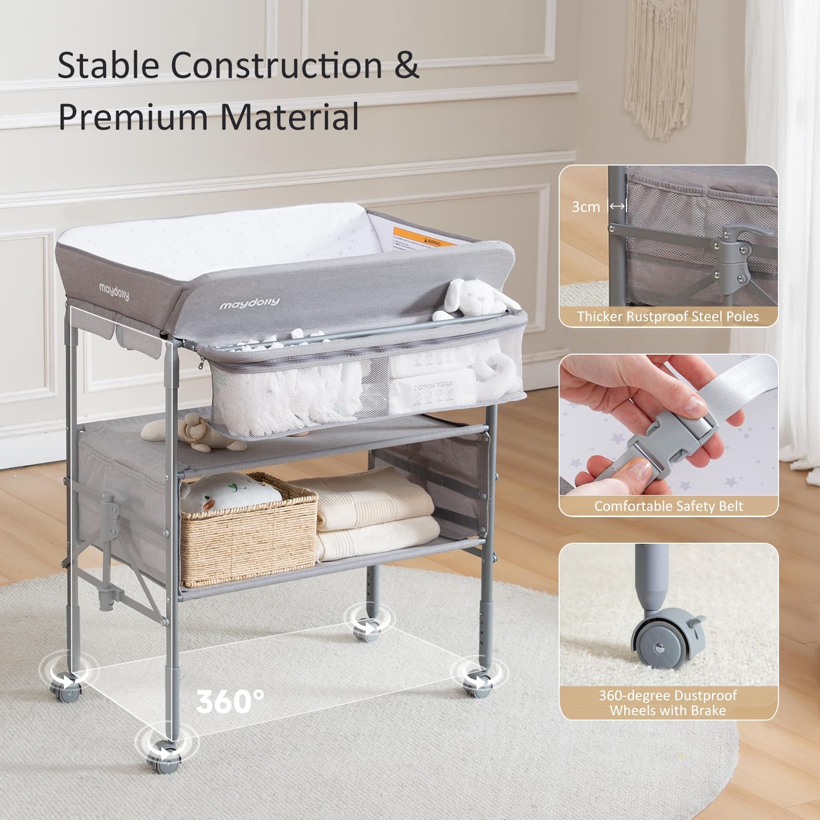 Maydolly changing table storage pockets keep diapers and wipes organized.