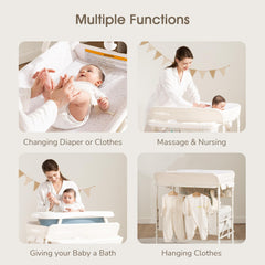 Maydolly changing table storage pockets and shelves keep diapers and wipes within reach.