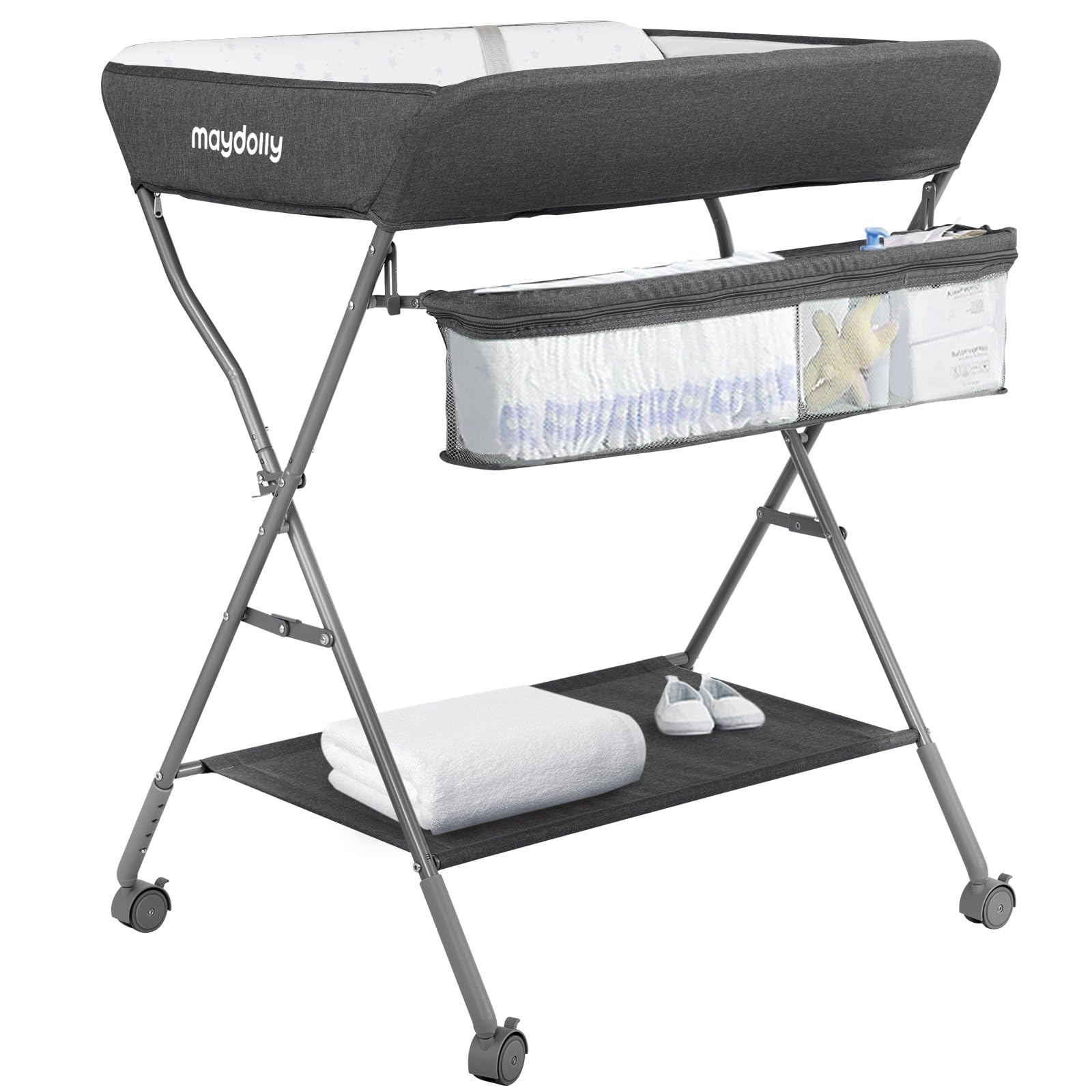 Maydolly changing table with wheels shows adjustable height for comfortable diaper changes