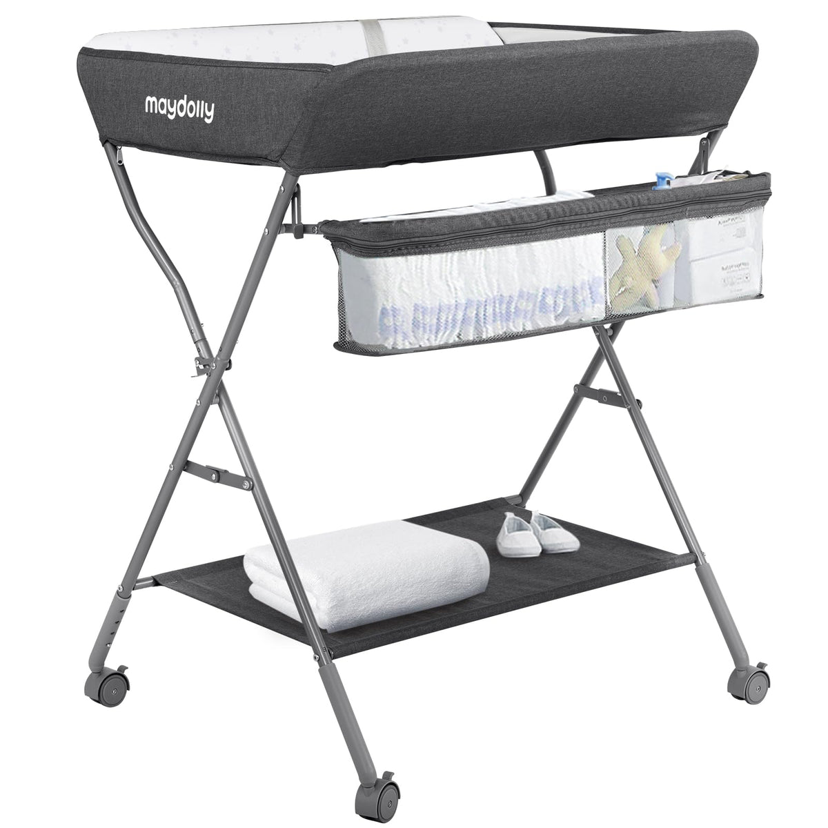 Maydolly changing table with wheels shows adjustable height for comfortable diaper changes