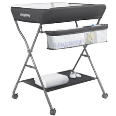 Maydolly changing table with wheels shows adjustable height for comfortable diaper changes