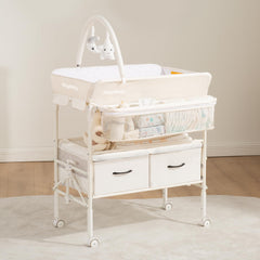 Maydolly changing table with wheels beige, front view for easy mobile diaper changes.