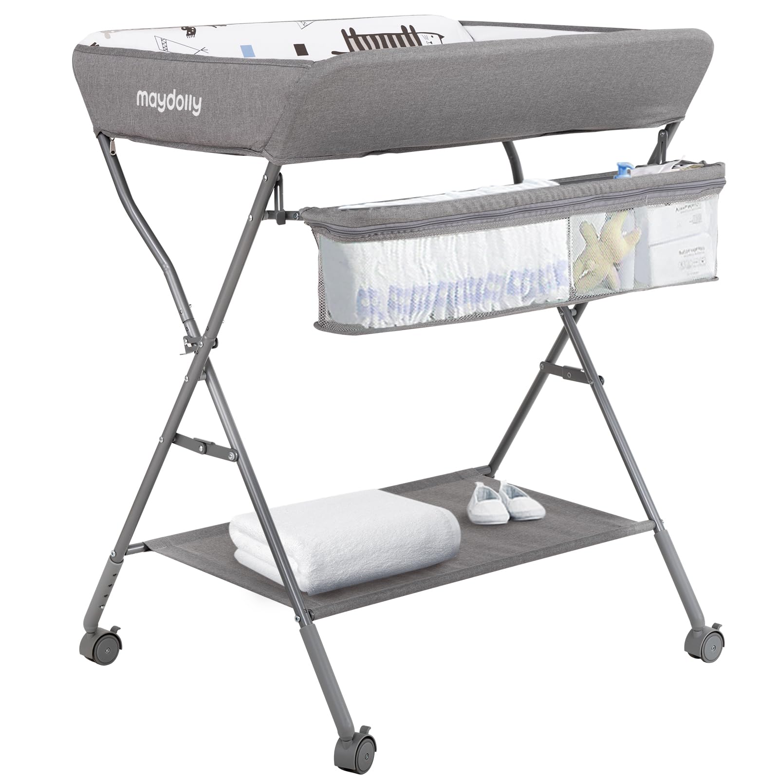 Maydolly changing table with wheels, foldable top for easy transport and space saving.