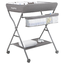 Maydolly changing table with wheels, foldable top for easy transport and space saving.