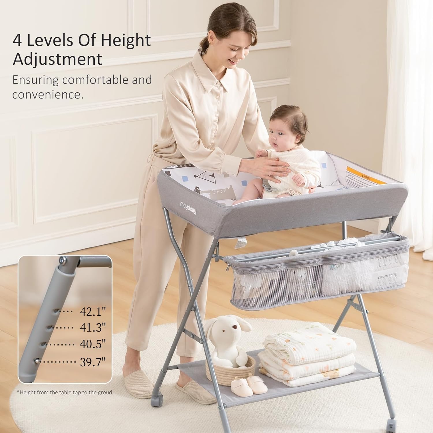 Maydolly portable diaper station with storage, ideal for nursery organization on the go.