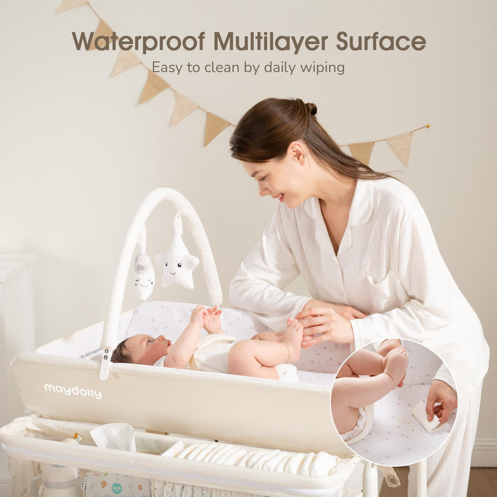Maydolly portable foldable changing table, compact for small nurseries.