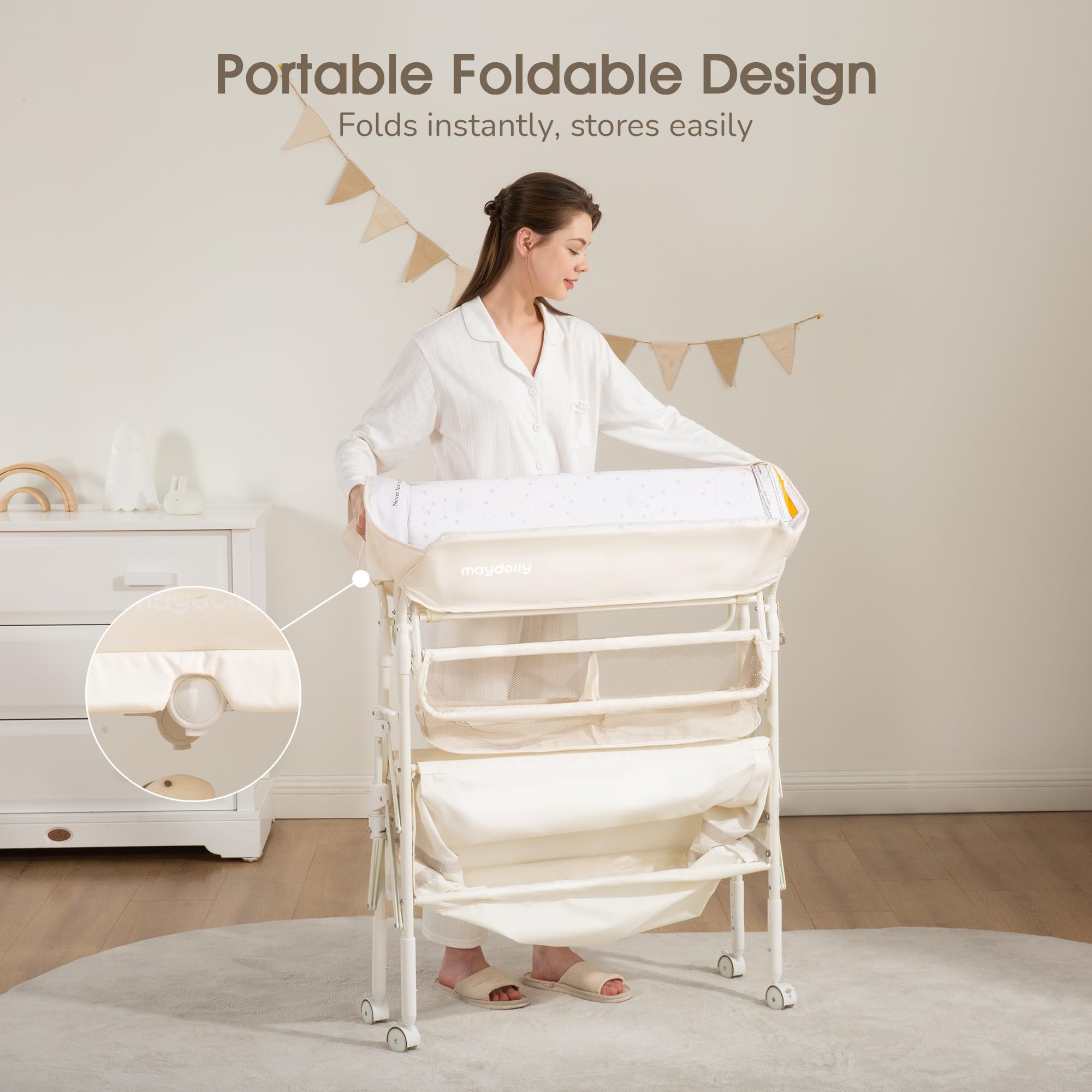 Maydolly waterproof surface cleans quickly for messes during diaper duty.