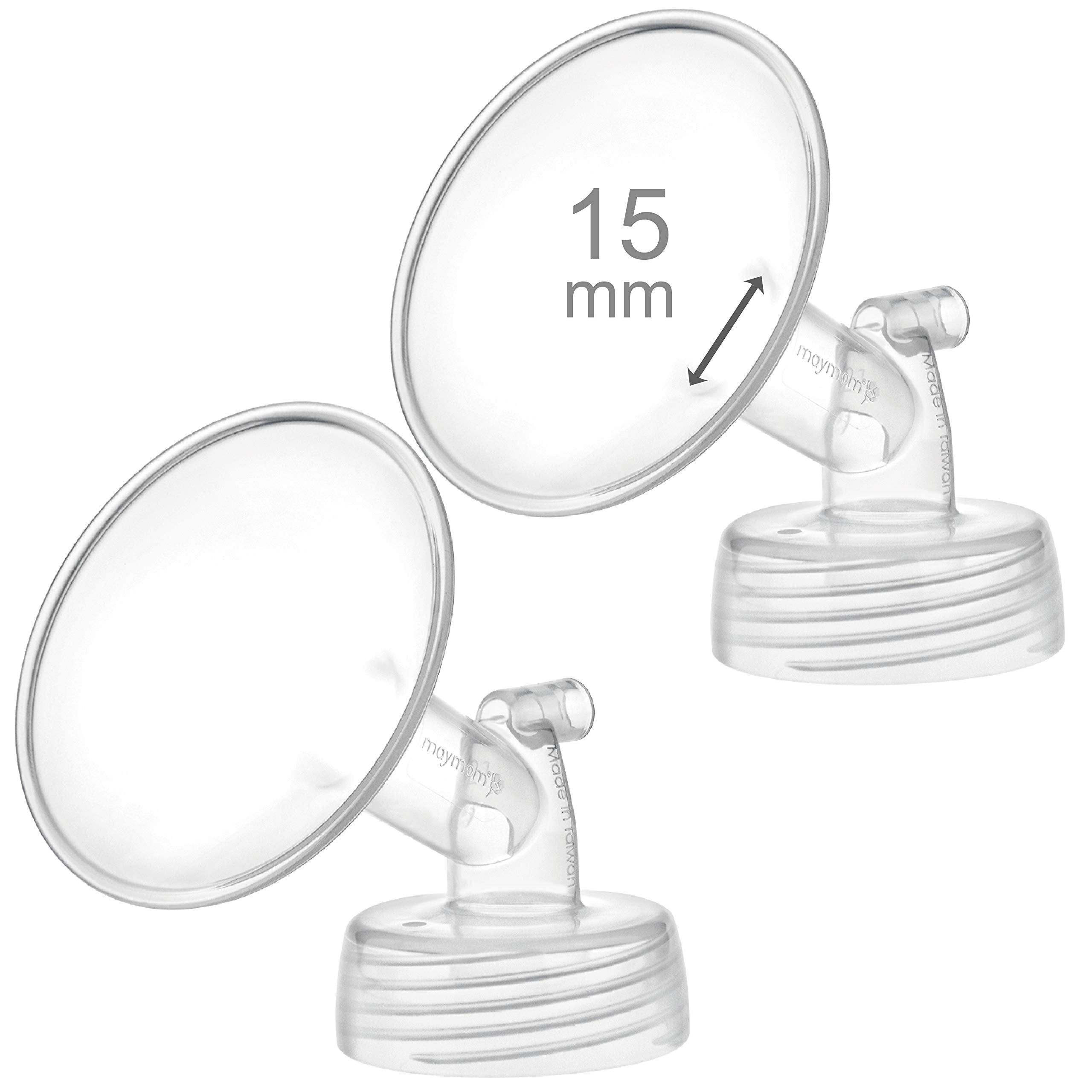 Maymom 15mm wide-neck flange close-up showing BPA-free construction for safe pumping