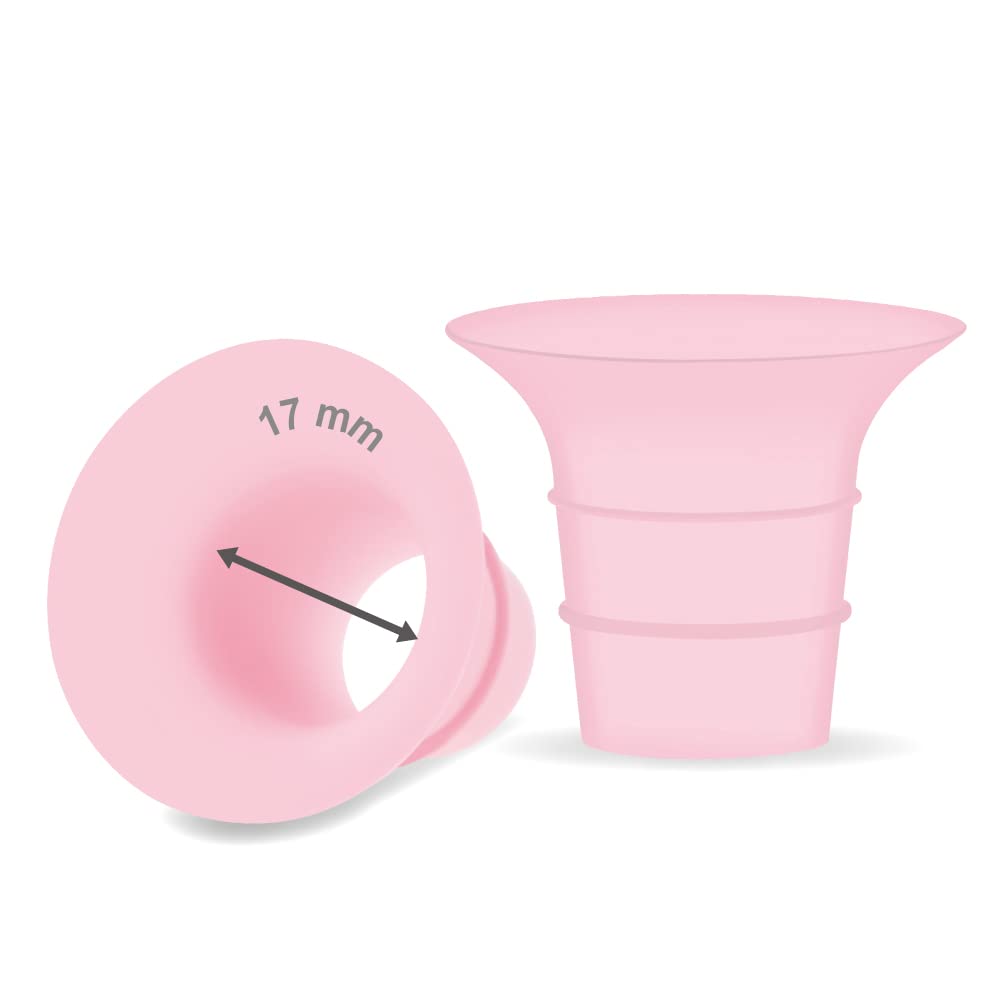Maymom 17mm flange insert pink side view shows snug adaptable fit with Elvie shields for comfortable pumping