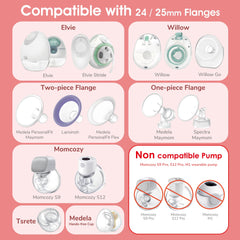 Maymom 18 mm flange insert pink next to Medela PersonalFit Flex 24 mm shield