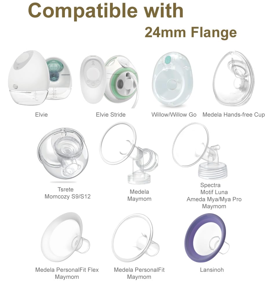Maymom silicone 24mm flange compatibility with Medela Luna Motif and Ameda shields.