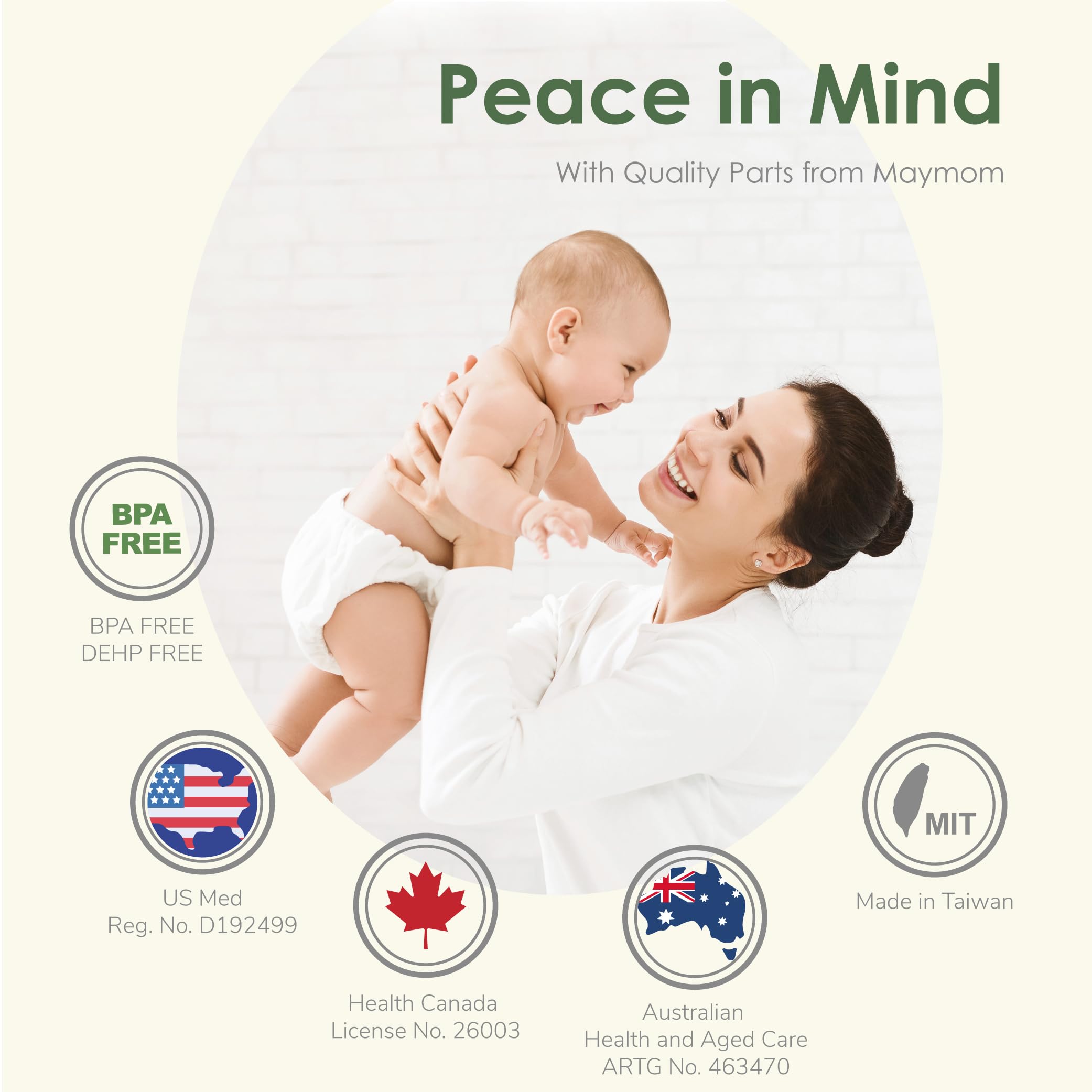 Maymom BPA-free and DEHP-free material emphasizes baby-safe pumping equipment.