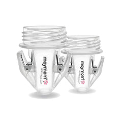 Maymom Avent wide-neck adapter in use for direct bag pumping with reduced transfers.