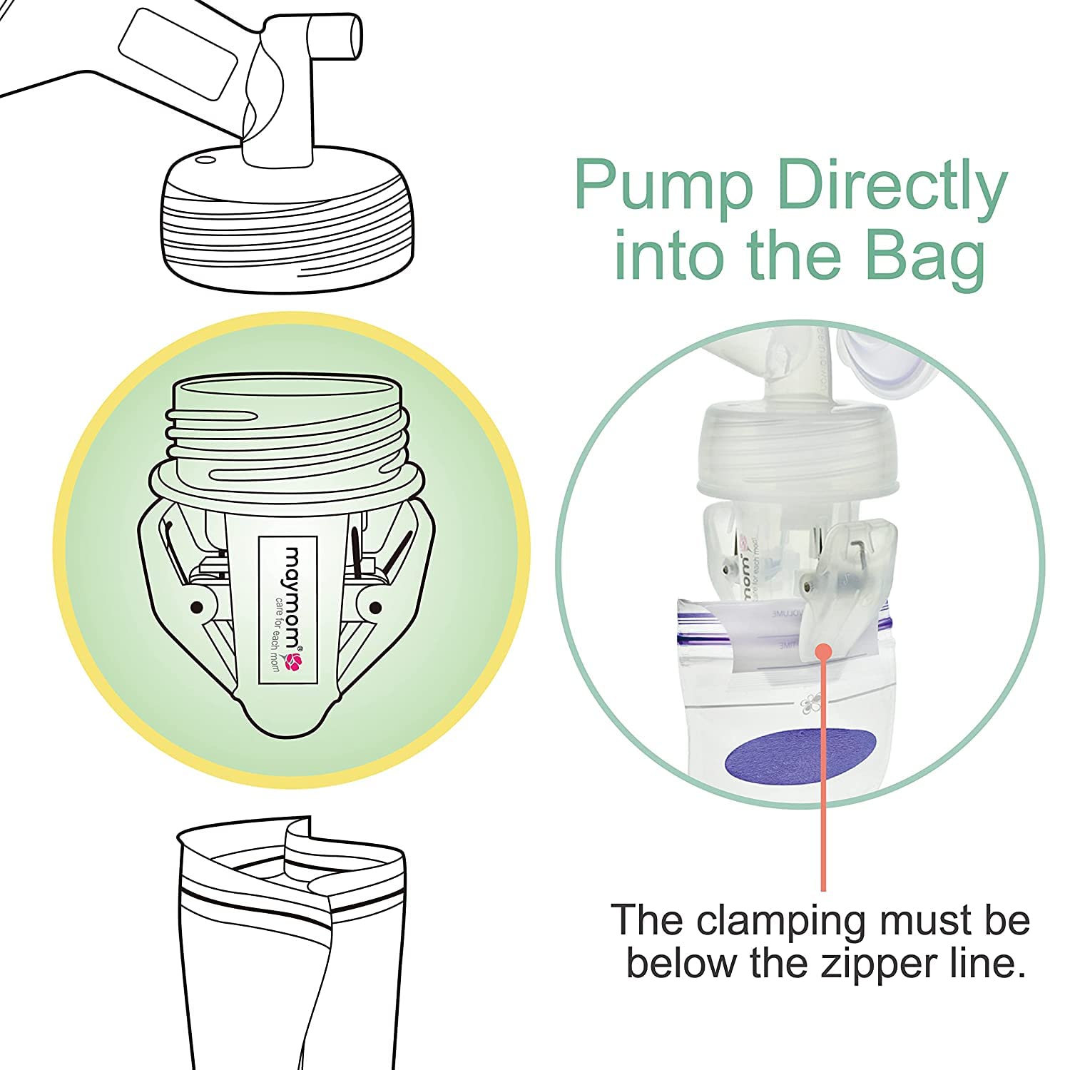 Maymom Spectra wide-neck adapter attached to pump, simplifying milk-to-bag workflow.