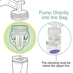 Maymom Spectra wide-neck adapter attached to pump, simplifying milk-to-bag workflow.