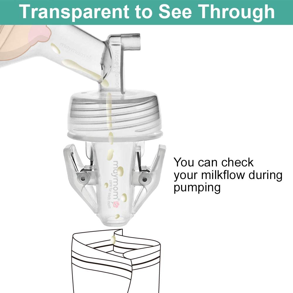 Maymom adapter showing clear view of milk flow during pumping for quick monitoring.