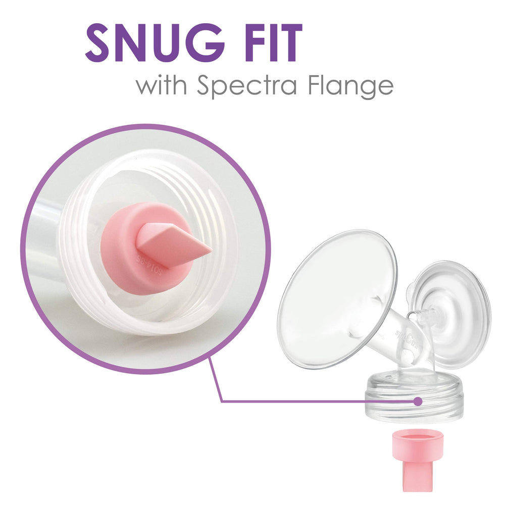 Maymom pink duckbill valve shown with compatible flange for Spectra.