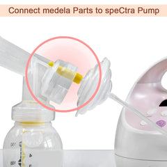 Illustration of Maymom connecting Medela breastshield to Spectra backflow protector.