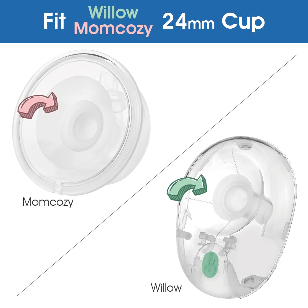 Maymom 21mm long inserts in Momcozy wearable 24mm cups for secure seal.