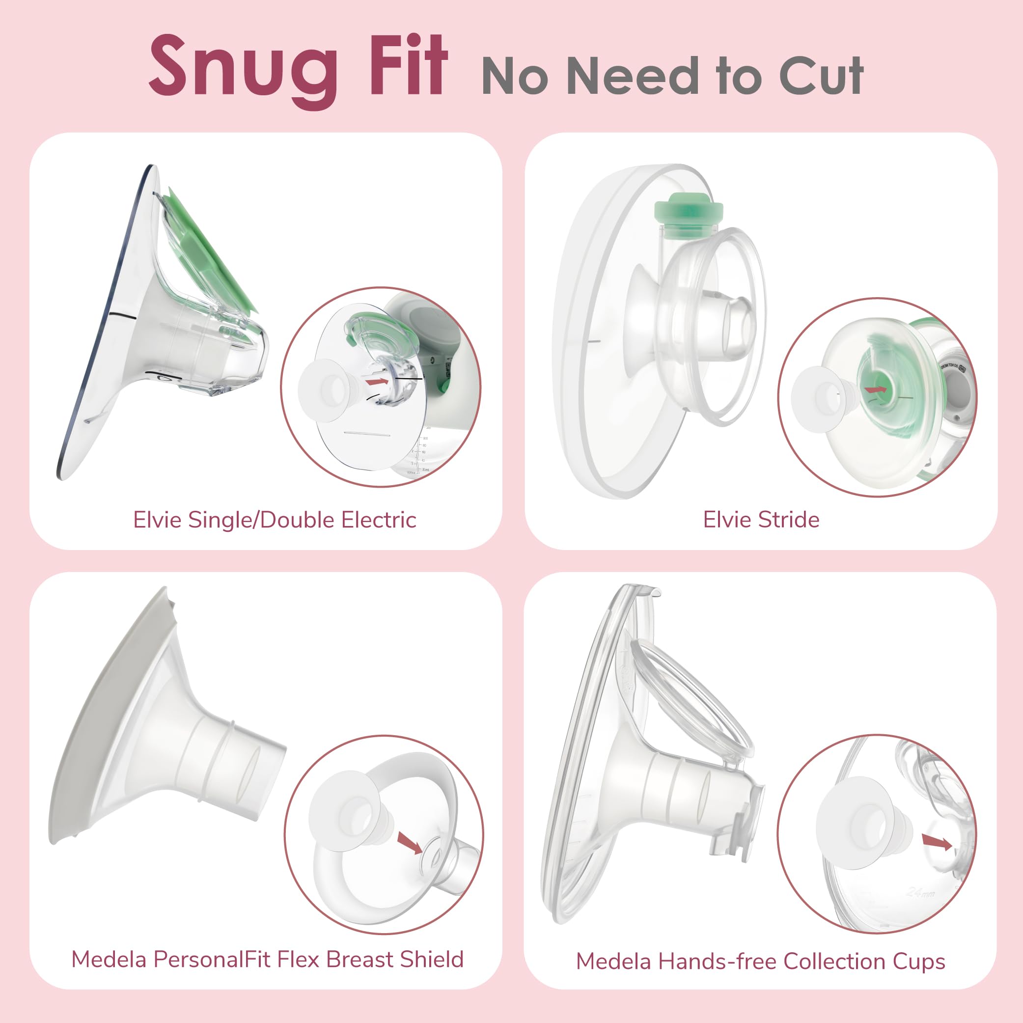 Maymom snug-fit insert inside a 24mm shield for stable pumping.