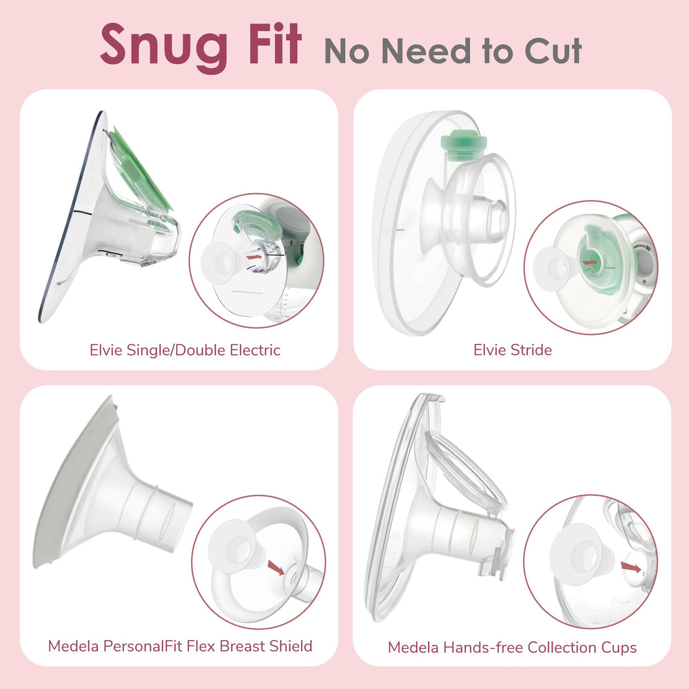 Maymom snug-fit insert inside a 24mm shield for stable pumping.