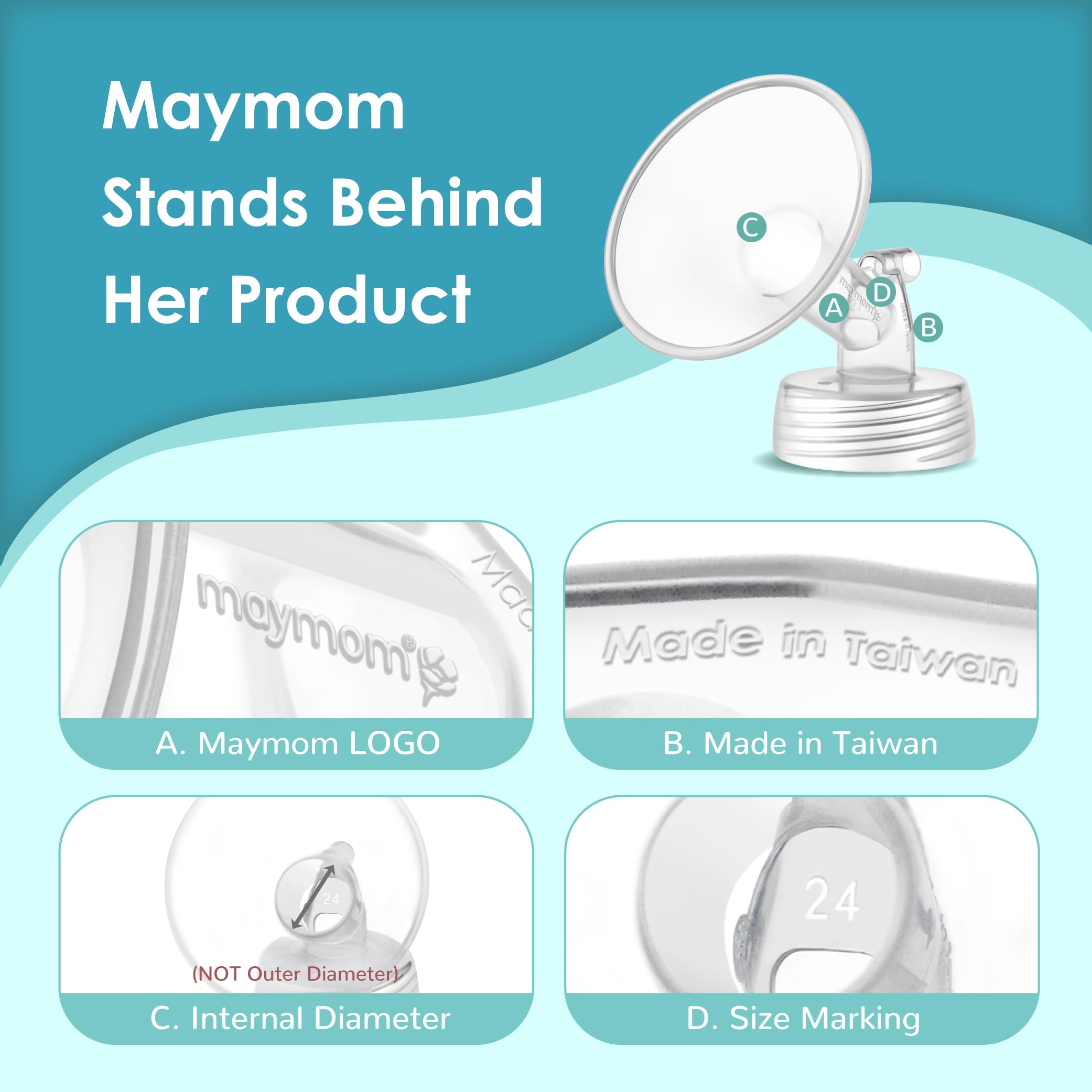 Measurement guide shows nipple diameter range 14–15mm for best fit.
