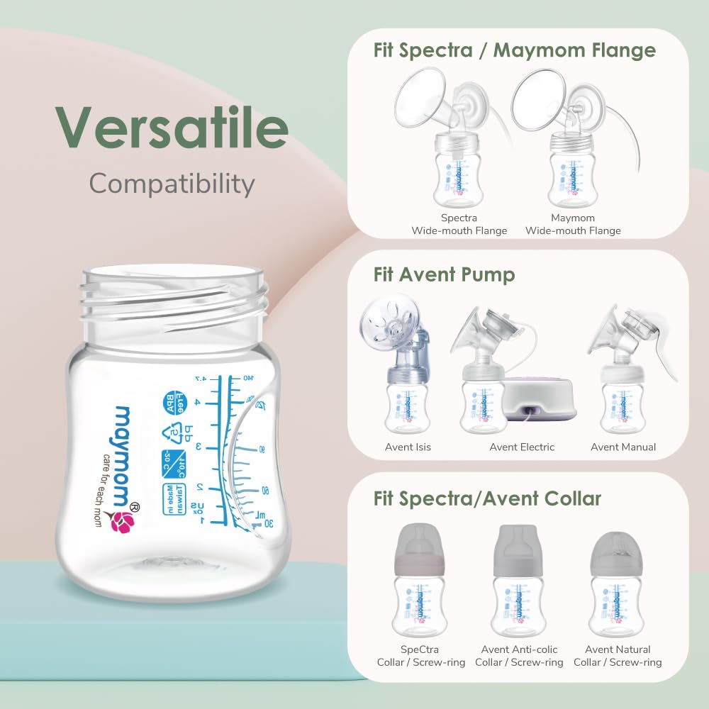 Maymom storage bottle shows nipple compatibility for direct pumping convenience.