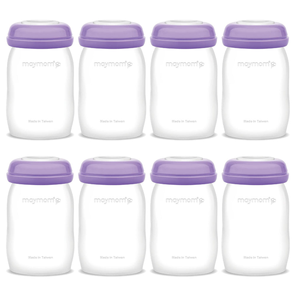 Maymom storage bottles front view showing Lansinoh compatibility for easy pumping