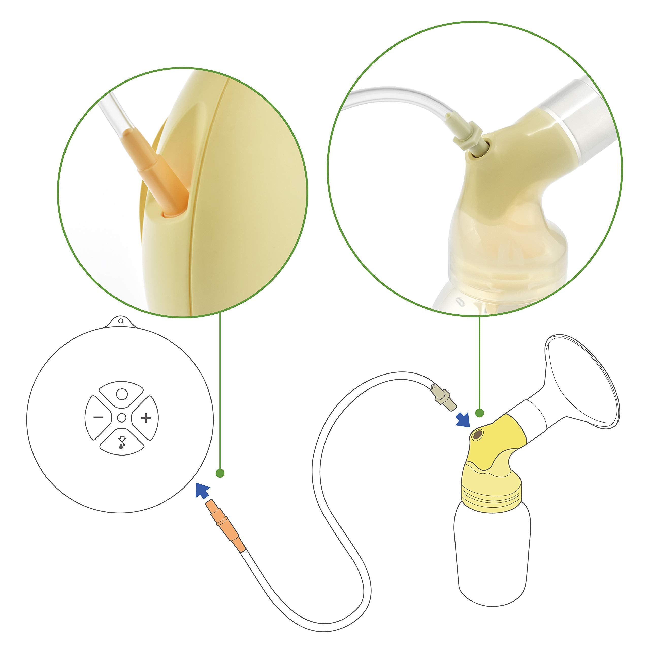 Maymom tubing Medela Swing connection close-up highlights secure fit