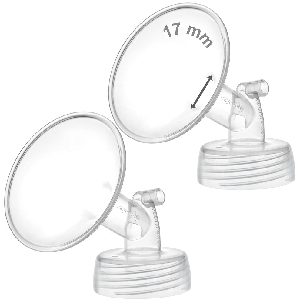 Maymom wide-neck pump parts front view, two 17mm flanges for Spectra compatibility.