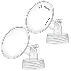 Maymom wide-neck pump parts front view, two 17mm flanges for Spectra compatibility.