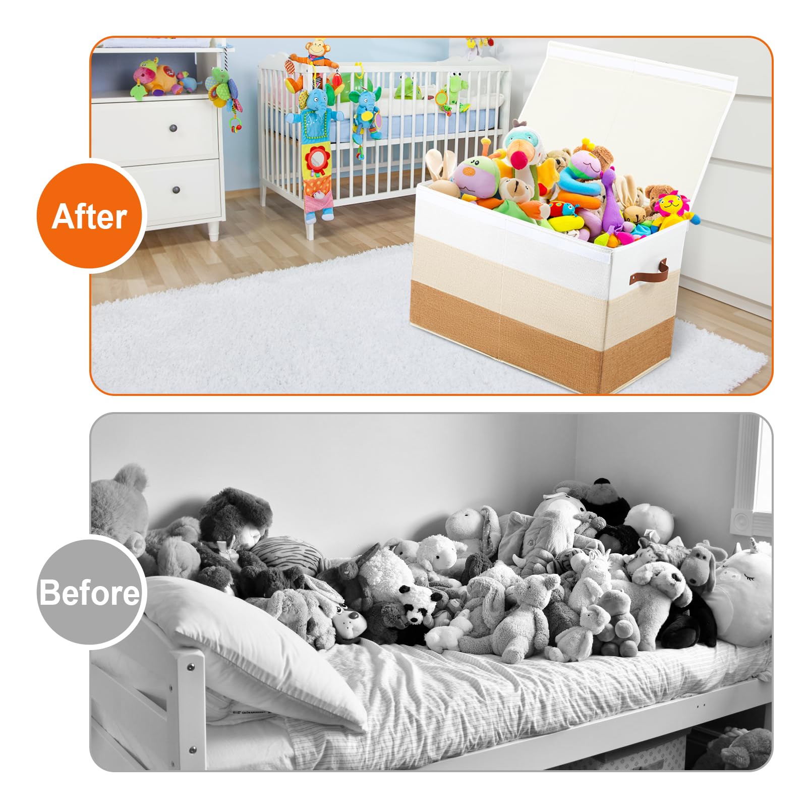 Mayniu large toy box chest full of toys demonstrates ample storage capacity and organization.