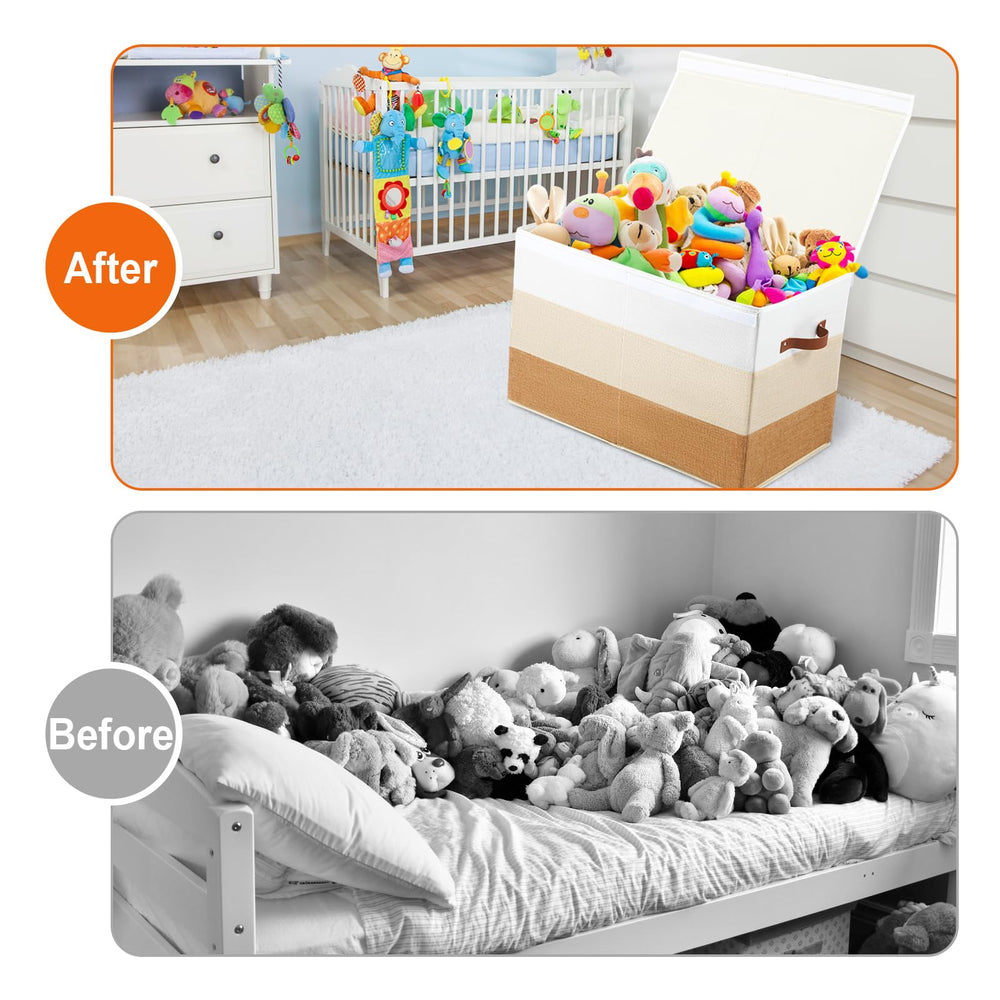 Mayniu large toy box chest full of toys demonstrates ample storage capacity and organization.