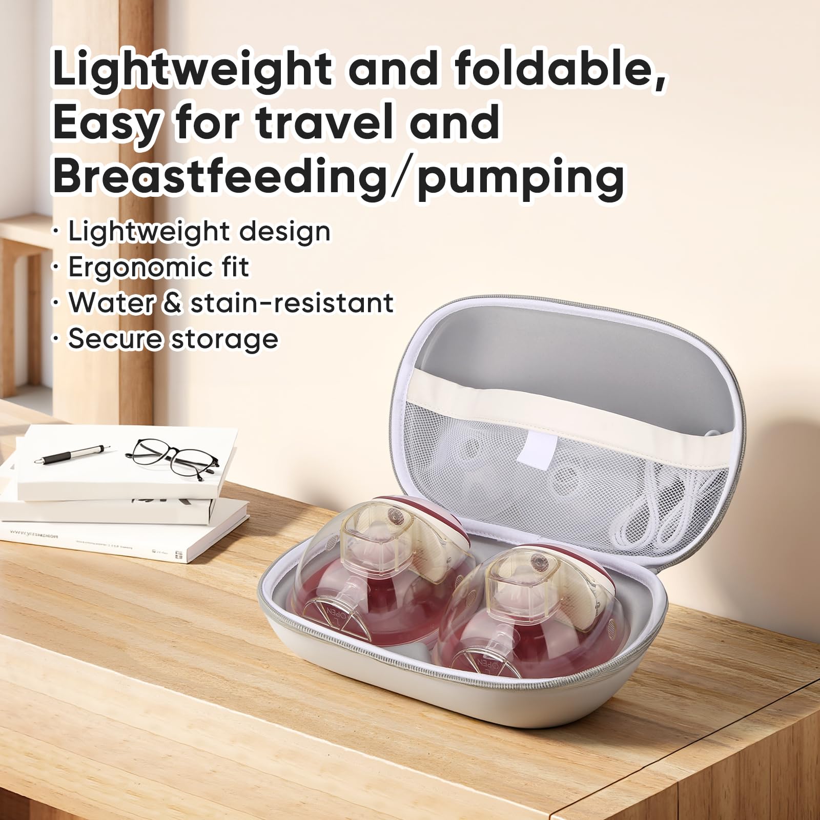 Maypott EVA Breast Pump Storage Bag interior mesh pockets keep accessories organized.