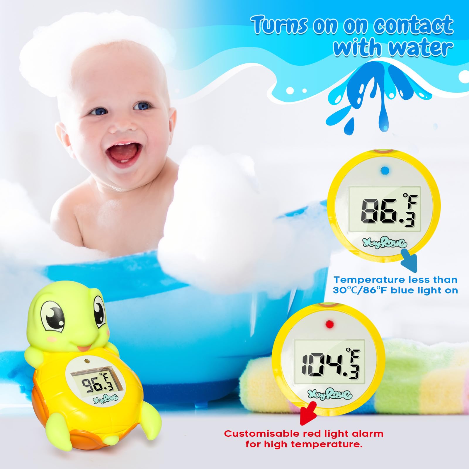MayRoxe infant bath thermometer doubles as floating toy enhancing bath play.