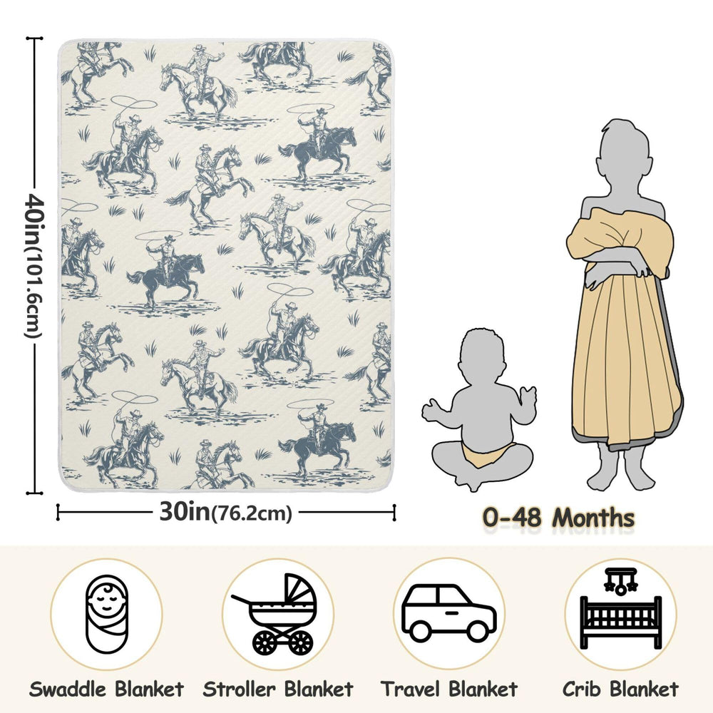 Mazeann Cowboys blanket used in stroller demonstrates portable warmth.